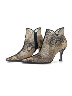 Rene Caovilla Floral Lace Pointed Toe Mesh Heeled Bootie 36.5